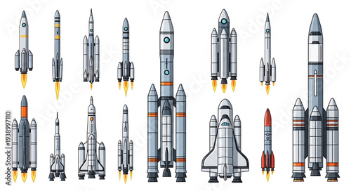 Collection of various rockets and spacecraft designs.