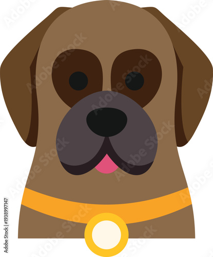Dog head wearing yellow collar and id tag on white background