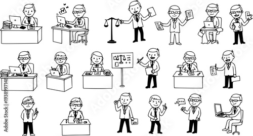Black and White Line Art Vector of Business People Working, Office, and Law Concepts