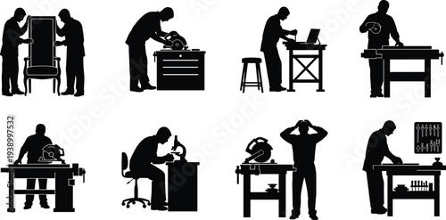 Workshop silhouettes, laboratory icons, woodworking activities, carpentry tools, scientific research, laptop work, microscope study, teamwork, frustration pose, technical illustration