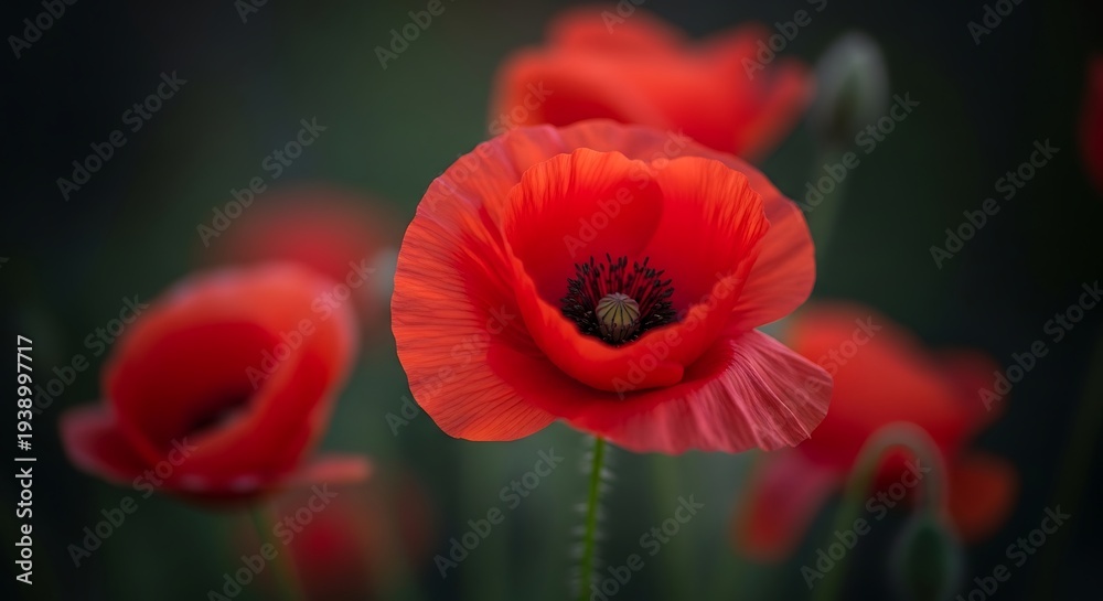 Obraz premium Vibrant red poppy flower in full bloom with a blurred background, showcasing nature's beauty and tranquility