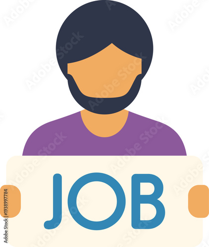 Person icon holding a sign with the word job representing job search and unemployment