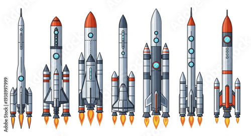 Collection of different rockets ready for launch into space.
