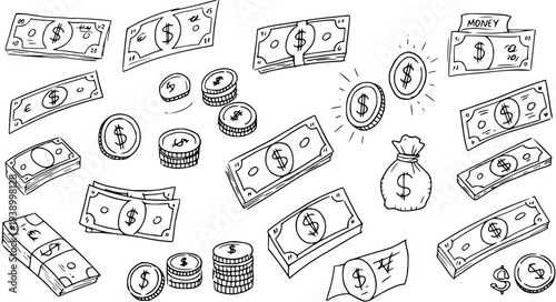 Black and White Line Art Hand-Drawn Finance and Business Money Doodle Set with Various Banknotes, Coins, and Cash Icons for Economic Concepts