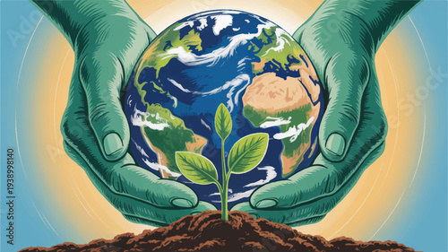 Hands cradling earth globe with green plant sprout emerging from soil symbolizing environmental care and sustainability