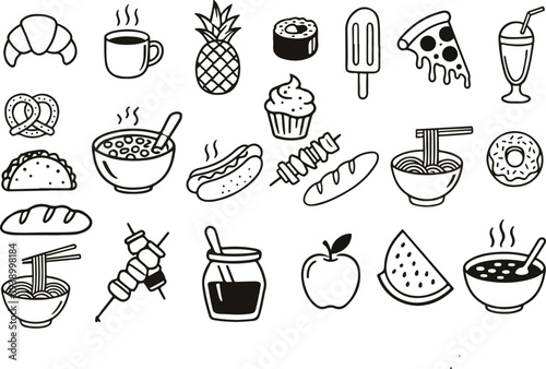 Set of black traditional Asian food icons, minimalist flat graphic design style Asian food icon set like sushi, noodles, rice, traditional cuisine symbols