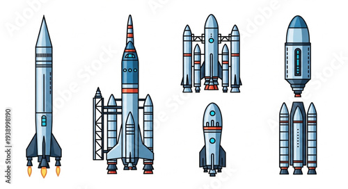 Collection of various rocket ship designs for space exploration.