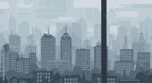 Rainy urban cityscape through window with raindrops