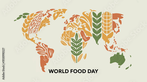 World food day global map illustration with colorful leaves and food elements on beige background