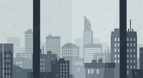 Rainy urban city view from window in flat style