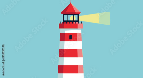 Red and white striped lighthouse emitting light on blue background