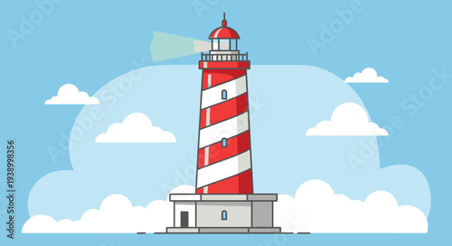 Red and white striped lighthouse under blue sky with clouds