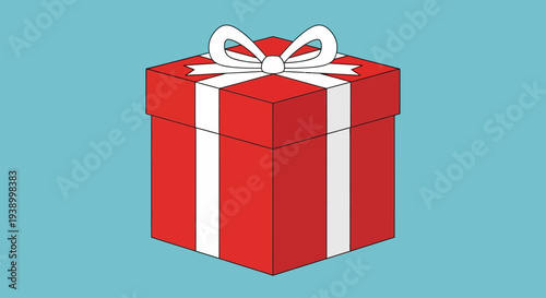 Red gift box with white ribbon and bow on blue background