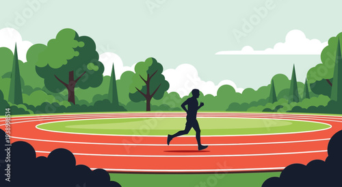Silhouette runner on stadium track amidst green parkland