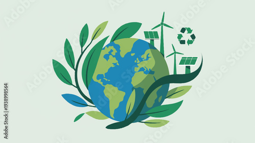 Earth surrounded by green leaves wind turbines and recycling symbols on a light background representing eco friendly sustainable living and environmental conservation