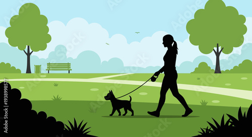Silhouette woman walking dog on leash in park landscape