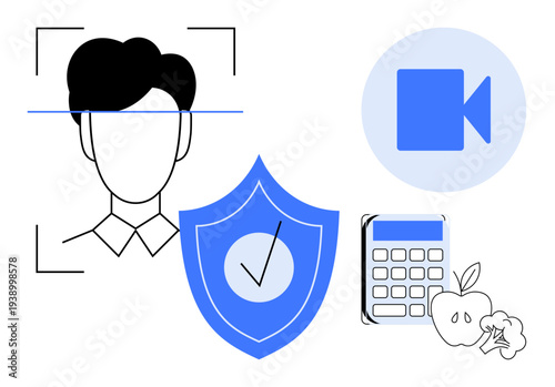 Digital identity, security systems, healthy lifestyle, technology solutions, online communication, data management. Facial recognition, shield calculator video icon and fruits. Digital identity