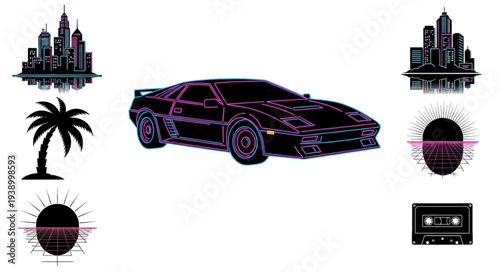 Retro futuristic sports car with neon lights and cityscape elements.