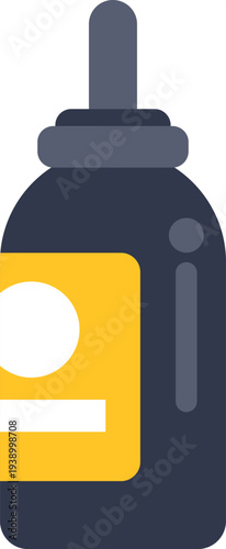 Isolated flat vector illustration showing a dark liquid dropper bottle container with label