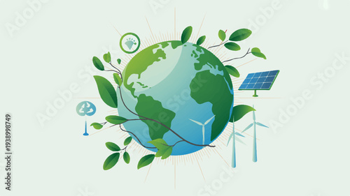 Earth with green leaves and renewable energy sources symbolizing eco friendly technology and sustainable living