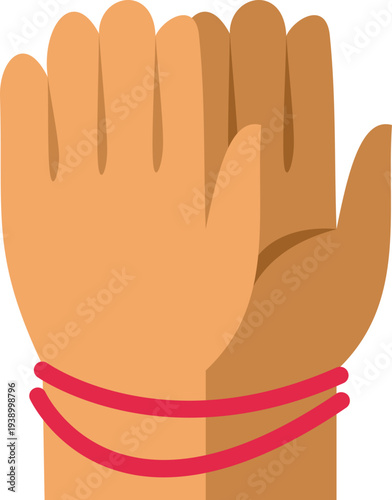 Hands with red rope tied around wrists on a white background