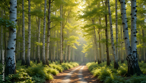White paper birch trees along a forest path in sunlight Landscape Image