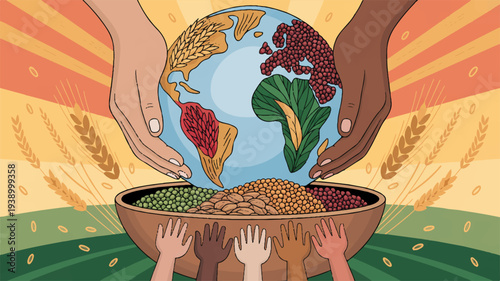 Hands holding a bowl of grains with a globe inside symbolizing global food security and sustainability with diverse hands and wheat stalks