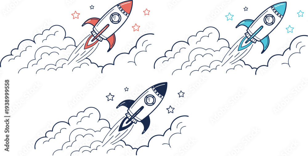 Fototapeta premium Rocket space launch icon set with clouds and stars for startup projects vector illustration