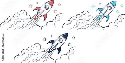 Rocket space launch icon set with clouds and stars for startup projects vector illustration