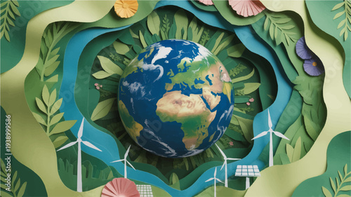 Earth surrounded by lush greenery and wind turbines symbolizing eco friendly sustainable energy and environmental conservation