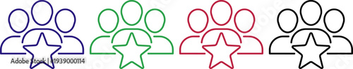 Group icon with star, set of four icons, people symbol with rating, best choice, team success, management concept