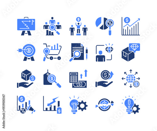 Market Strategy Icon Collection,  featuring Strategy Planning, Competition, Value Chain, Expansion, Promotion, Low Price, Innovation.