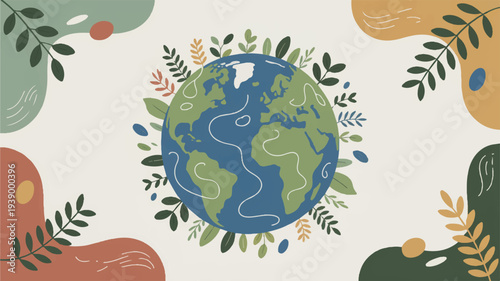Earth surrounded by colorful leaves and plants on a beige background symbolizing eco friendly living and environmental conservation