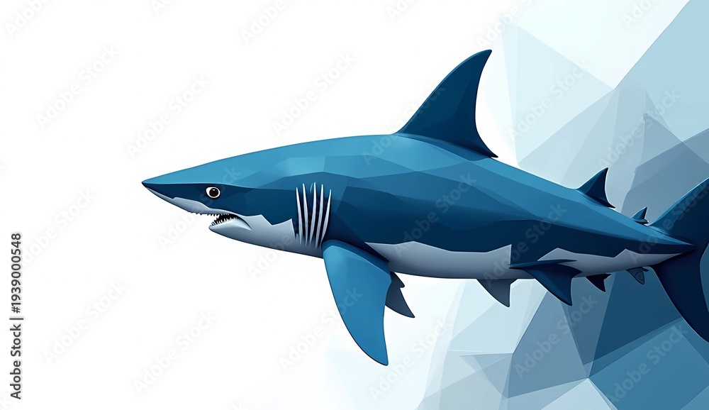 Fototapeta premium Low poly blue shark isolated on white background, geometric underwater predator.