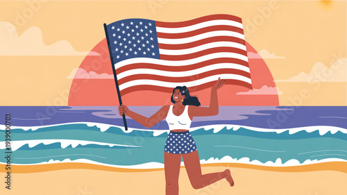 Woman running on beach with american flag at sunset celebrating freedom and patriotism