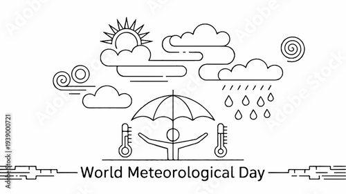 World meteorological day illustration with umbrella clouds sun rain and weather symbols on white background