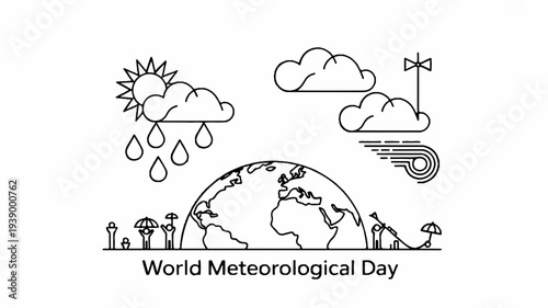 World meteorological day illustration with globe weather symbols and plants on white background