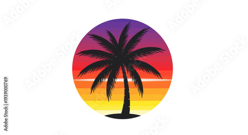 Palm tree silhouette against a vibrant sunset gradient background.