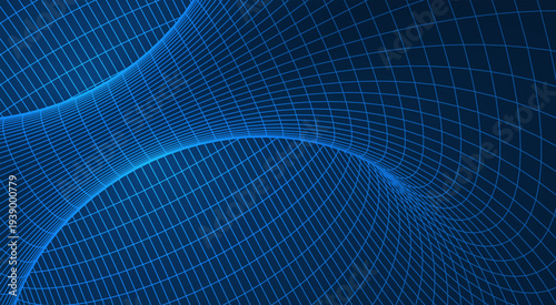 Futuristic AI neural network tunnel with 3D wireframe mesh and neon glowing geometric grid lines representing machine learning and digital mind, science vector illustration.