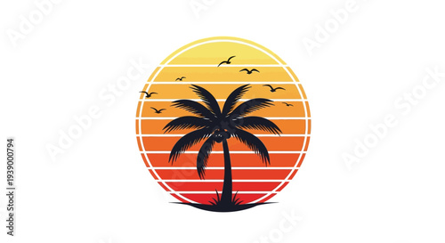 Palm tree silhouette against a vibrant sunset background with birds flying.