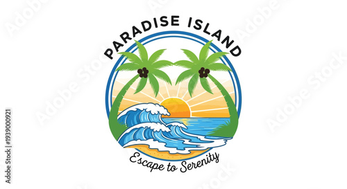 Paradise Island tropical getaway logo design with palm trees and ocean.