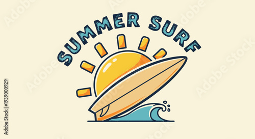Summer Surfing Illustration with Surfboard and Sun.