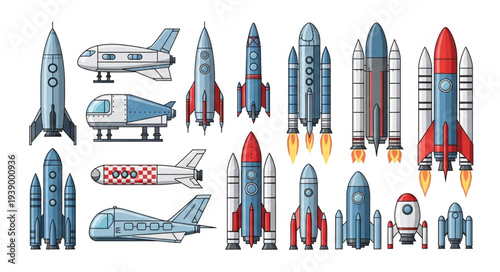 Collection of diverse rockets and spacecraft illustrations.