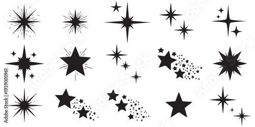 Black and white decorative stars and flowers vector illustration set eps 10