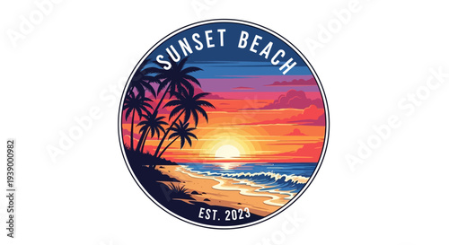 Vibrant Sunset Beach Scene with Palm Trees and Ocean Waves.