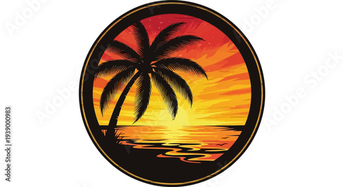 Tropical beach scene with palm tree at sunset in circular frame.