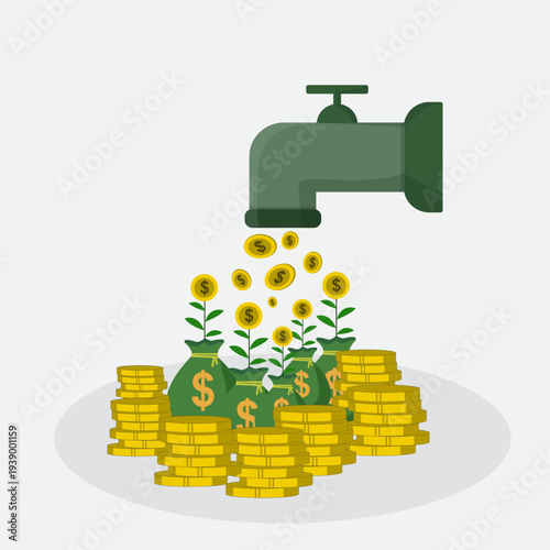 Creative vector illustration of a faucet pouring coins onto money bags and growing plants, symbolizing financial growth, investment returns, wealth generation, passive income, 