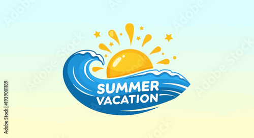Summer vacation illustration with wave and sun.
