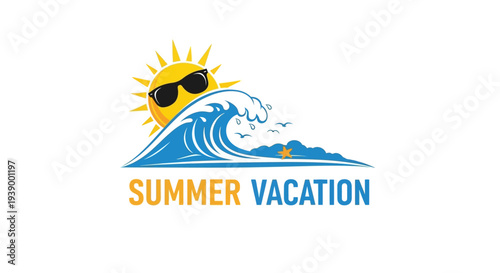 Summer vacation illustration with sunglasses and wave.