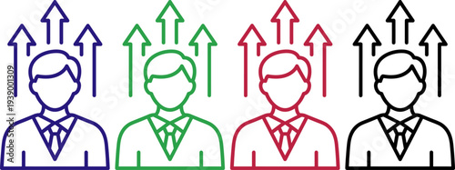 Success concept with four colorful men icons showing upward growth and achievement symbols
